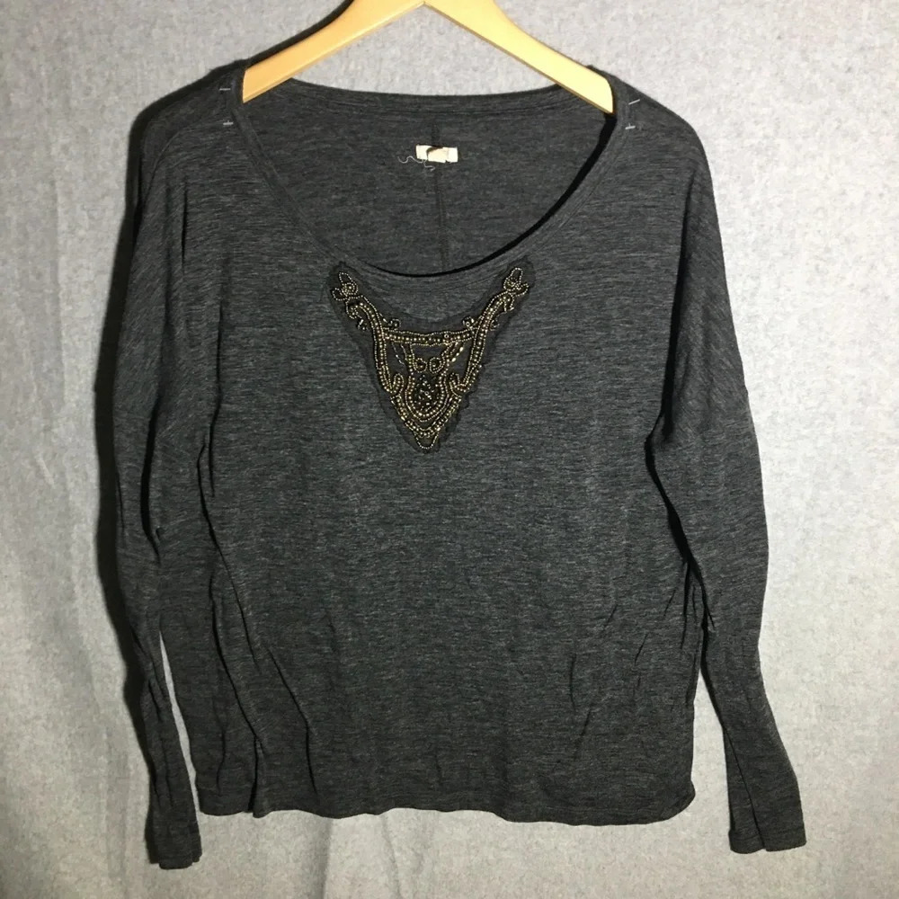 Womens Aerie Blouse Beaded Grey Scoop Neck Vintage Business Work Office career